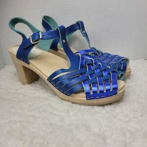 Maguba of Sweden Women's Wooden Heel  Shoes Size 11.5 Blue Strappy Leather